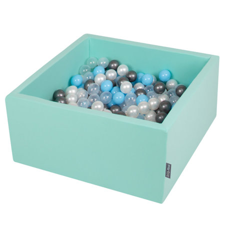 KiddyMoon Bällebad Bällepool mit bunten Bällen 7Cm  für Babys Kinder Quadrat, Mint: Transparent/ Silbern/ Perle/ Babyblau