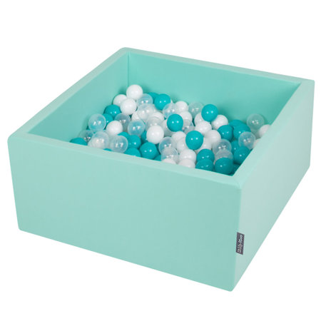 KiddyMoon Bällebad Bällepool mit bunten Bällen 7Cm  für Babys Kinder Quadrat, Mint: Türkis/ Transparent/ Weiß