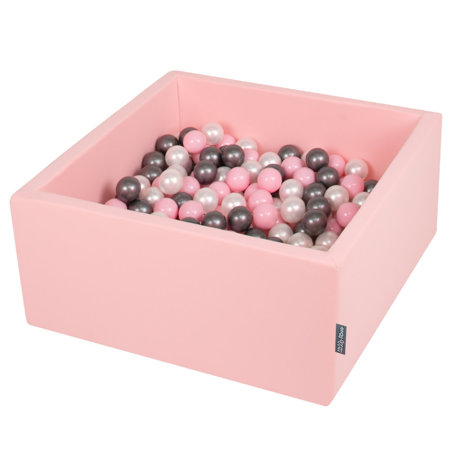 KiddyMoon Bällebad Bällepool mit bunten Bällen 7Cm  für Babys Kinder Quadrat, Rosa: Perle/ Puderrosa/ Silbern