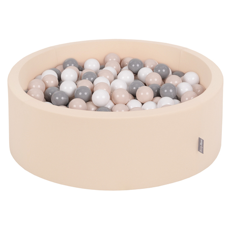 KiddyMoon Bällebad Bällepool mit bunten Bällen 7Cm  für Babys Kinder Rund, Beige: Pastellbeige/ Grau/ Weiß