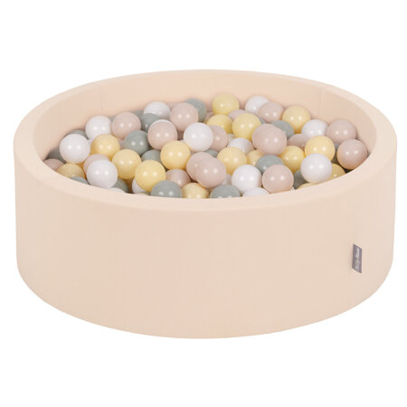 KiddyMoon Bällebad Bällepool mit bunten Bällen 7Cm  für Babys Kinder Rund, Beige: Pastellbeige/ Grüngrau/ Pastellgelb/ Weiß