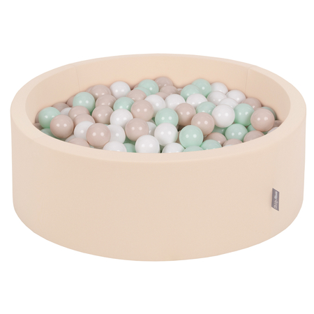 KiddyMoon Bällebad Bällepool mit bunten Bällen 7Cm  für Babys Kinder Rund, Beige: Pastellbeige/ Weiß/ Minze