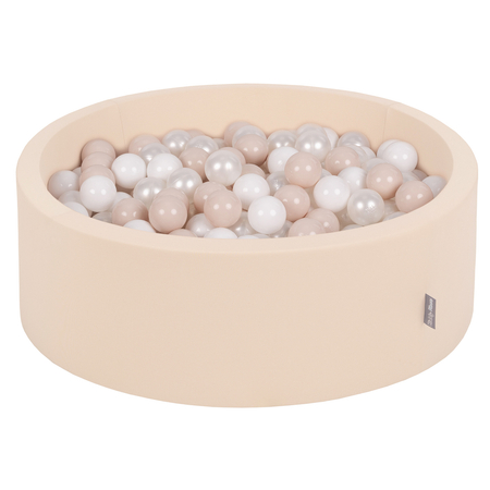 KiddyMoon Bällebad Bällepool mit bunten Bällen 7Cm  für Babys Kinder Rund, Beige: Pastellbeige/ Weiß/ Perle