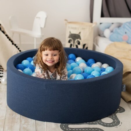 KiddyMoon Bällebad Bällepool mit bunten Bällen 7Cm  für Babys Kinder Rund, Dunkelblau: Babyblau/ Blau/ Perle