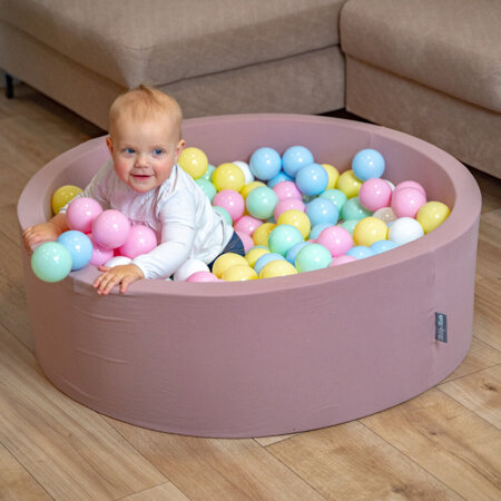 KiddyMoon Bällebad Bällepool mit bunten Bällen 7Cm  für Babys Kinder Rund, Erikafarben:  Pastellbeige/ Weiß/ Perle