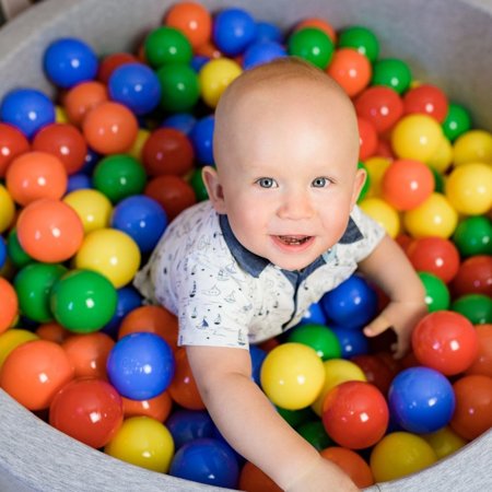 KiddyMoon Bällebad Bällepool mit bunten Bällen 7Cm  für Babys Kinder Rund, Hellgrau: Gelb/ Grün/ Blau/ Rot/ Orange