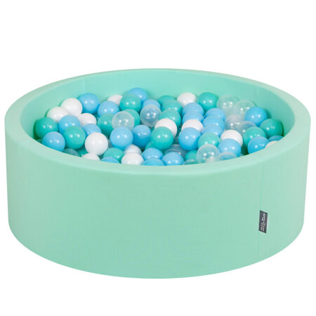 KiddyMoon Bällebad Bällepool mit bunten Bällen 7Cm  für Babys Kinder Rund, Mint: Helltürkis/ Weiß/ Transparent/ Baby Blau