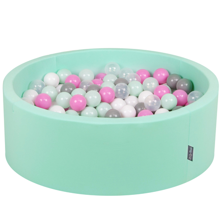 KiddyMoon Bällebad Bällepool mit bunten Bällen 7Cm  für Babys Kinder Rund, Mint: Transparent/ Grau/ Weiß/ Pink/ Minze