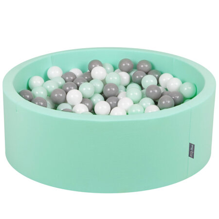 KiddyMoon Bällebad Bällepool mit bunten Bällen 7Cm  für Babys Kinder Rund, Mint: Weiß/ Grau/ Minze