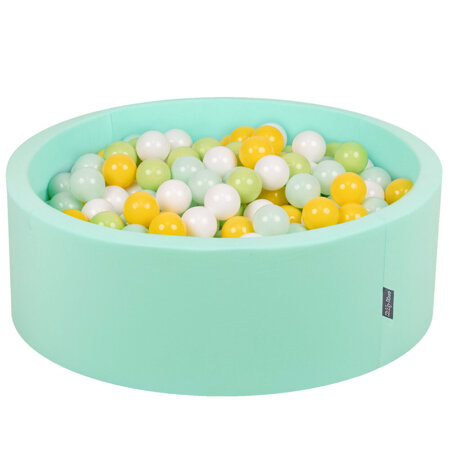 KiddyMoon Bällebad Bällepool mit bunten Bällen 7Cm  für Babys Kinder Rund, Mint: Weiß/ Minze/ Hellgrün/ Gelb