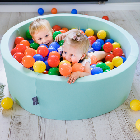 KiddyMoon Bällebad Bällepool mit bunten Bällen 7Cm  für Babys Kinder Rund, Minze: Weiß/ Grau/ Minze/ Rosa