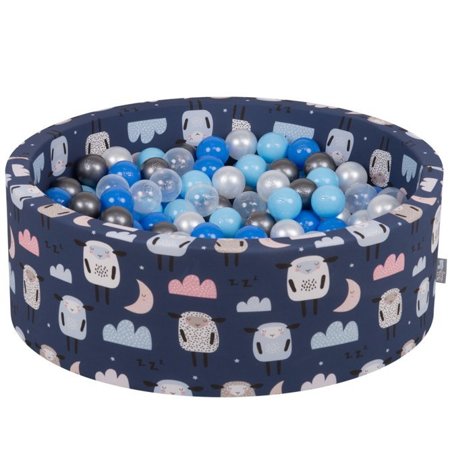 KiddyMoon Bällebad Bällepool mit bunten Bällen 7Cm  für Babys Kinder Schafen, Schafen-Dblau: Perle/ Blau/ Babyblue/ Transp/ Silbern