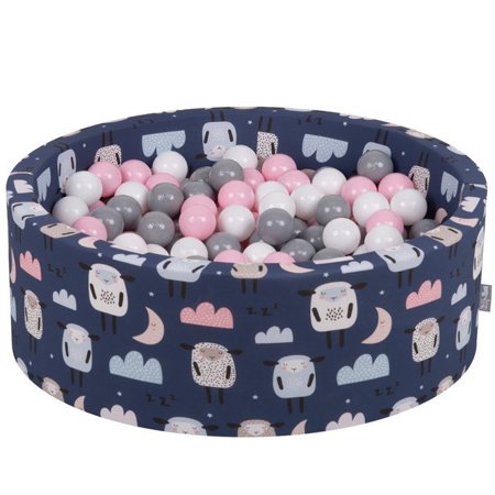 KiddyMoon Bällebad Bällepool mit bunten Bällen 7Cm  für Babys Kinder Schafen, Schafen-Dblau: Weiß/ Grau/ Puderrosa