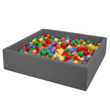 KiddyMoon Bällebad Groß Quadrat Bällepool Mit Bunten Bällen Für Babys Kinder, Dunkelgrau: Gelb-Grün-Blau-Rot-Orange