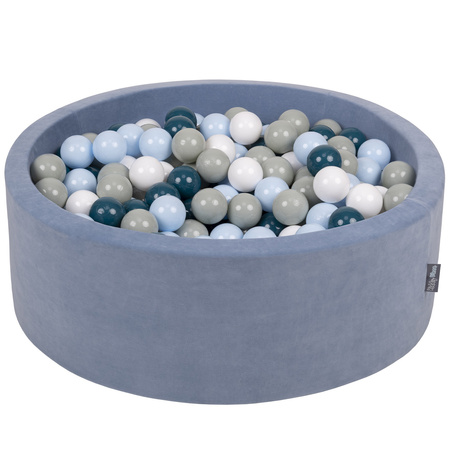 KiddyMoon Bällebad Velvet Bällepool mit Bällen 7Cm  für Babys Kinder Rund, Veloursblau:  Dunkeltürkis/ Pastelblau/ Grau/ Weiß