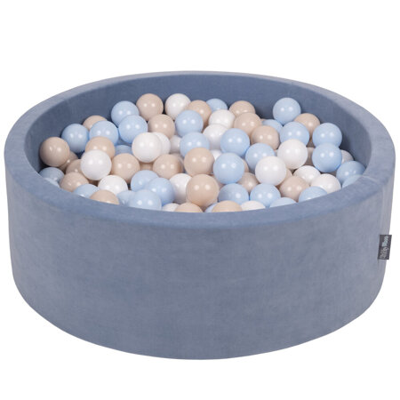 KiddyMoon Bällebad Velvet Bällepool mit Bällen 7Cm  für Babys Kinder Rund, Veloursblau:  Pastellbeige/ Pastellblau/ Weiß