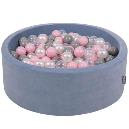 KiddyMoon Bällebad Velvet Bällepool mit Bällen 7Cm  für Babys Kinder Rund, Veloursblau:  Perle/ Grau/ Transparent/ Rosa