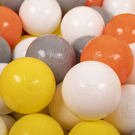 KiddyMoon Kinder Bälle für Bällebad Baby Plastikbälle Spielbälle 6cm, Gelb/ Weiß/ Grau/ Orange