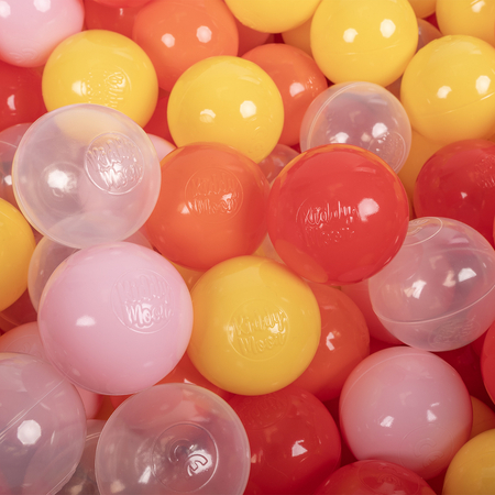 KiddyMoon Kinder Bälle für Bällebad Baby Plastikbälle Spielbälle 6cm Made in EU, Transparent/ Gelb/ Puderrosa/ Orange/ Rot