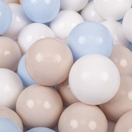 KiddyMoon Kinder Bälle für Bällebad Baby Spielbälle Plastikbälle 7cm Made in EU, Pastellbeige/ Pastellblau/ Weiß