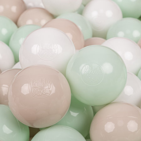 KiddyMoon Kinder Bälle für Bällebad Baby Spielbälle Plastikbälle 7cm Made in EU, Pastellbeige/ Weiß/ Minze