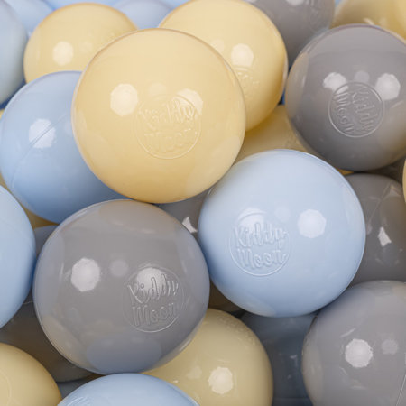 KiddyMoon Kinder Bälle für Bällebad Baby Spielbälle Plastikbälle 7cm Made in EU, Pastellblau/ Pastellgelb/ Grau