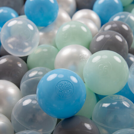 KiddyMoon Kinder Bälle für Bällebad Baby Spielbälle Plastikbälle 7cm, Perle/ Grau/ Transparent/ Baby Blau/ Mint