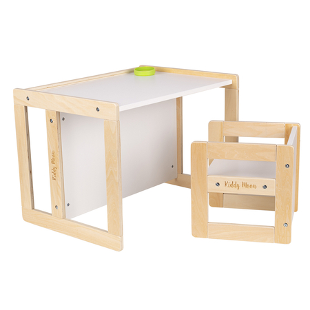 KiddyMoon Kindertisch mit Stuhl Kindermöbel Schreibtisch Holz TC-002, Natürlich/ Weiß