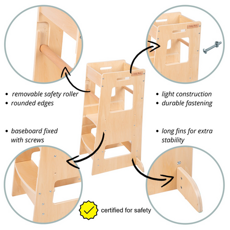 KiddyMoon Lernturm für Kinder ab 1 Jahr, Anti Kipp Schutz, Höhenverstellbar (3-stufiger), Montessori Learning Tower, Küchenhelfer, Höchste Sicherheit, inkl. Montagezubehör, Modell ST-003, Natürlich