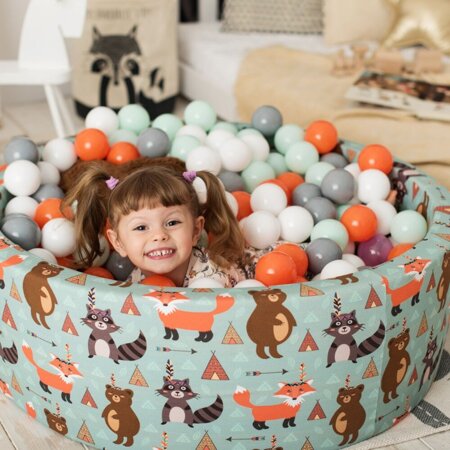KiddyMoon Rund Bällebad Bällepool 7Cm Ballgruben Mit Bunten Bällen Für Babys Spielbad Kleinkinder, Hergestellt in der EU, Füchse-Grün: Orange/ Mint