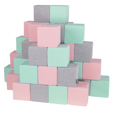 KiddyMoon Schaumstoff Würfel Weiche Blöcke für Kinder Softbausteine Spielblöcke, Blöcke:  Hellgrau-Pink-Mint