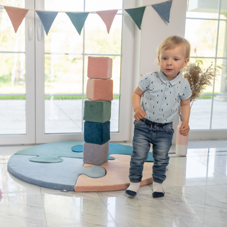 KiddyMoon Schaumstoff Würfel für Baby aus Velours Weiche Blöcke Schaum Spielzeug Montessori-Spielzeug mit Schaum und viel Spaß für Kinder, Hergestellt in der EU, Blöcke: Lagunetürkis-Eisblau-Berggrau