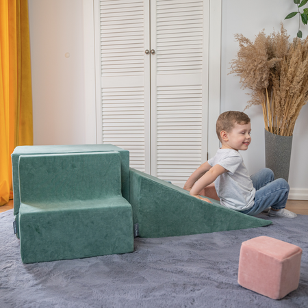 KiddyMoon Spielplatz Velvet Aus Schaumstoff Mit Samt  Für Babys Hindernisläufen - Zwickel/Rampe/Kopfteil, Waldgrün