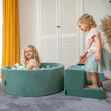 KiddyMoon Spielplatz Velvet Aus Schaumstoff Mit Samt Rund Bällebad Ballgruben Für Babys Spielbad Hindernisläufen, Hergestellt In Der EU, Sandbeige: Dunkeltürkis/ Pastellbeige/ Grüngrau/ Lachsfarben