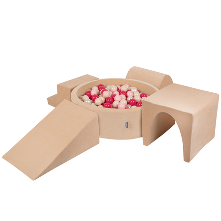 KiddyMoon Spielplatz Velvet Aus Schaumstoff Mit Samt Rund Bällebad Ballgruben Für Babys Spielbad Hindernisläufen, Hergestellt In Der EU, Sandbeige: Pastellbeige/ Puderrosa/ Perle/ Dunkelpink