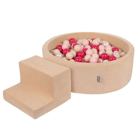 KiddyMoon Spielplatz Velvet Aus Schaumstoff Mit Samt Rund Bällebad Ballgruben Für Babys Spielbad Hindernisläufen, Hergestellt In Der EU, Sandbeige: Pastellbeige/ Puderrosa/ Perle/ Dunkelpink