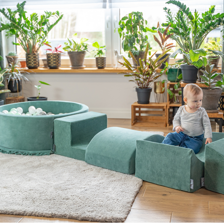 KiddyMoon Spielplatz Velvet Aus Schaumstoff Mit Samt Rund Bällebad Ballgruben Für Babys Spielbad Hindernisläufen, Hergestellt In Der EU, Waldgrün:  Dunkeltürkis/ Grüngrau/ Weiß