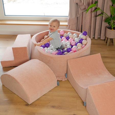 KiddyMoon Spielplatz Velvet Aus Schaumstoff Mit Samt Rund Bällebad Ballgruben Für Babys Spielbad Hindernisläufen, Hergestellt In Der EU, Wüstenrosa:  Pastellbeige/ Grau/ Weiß