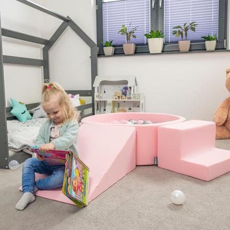 KiddyMoon Spielplatz aus Schaumstoff mit Bällebad und Bälle Hindernisläufen, Pink: Pastellbeige/ Pastellgelb/ Weiß/ Minze/ Puderrosa