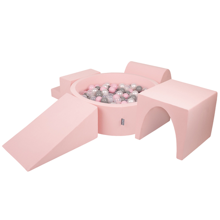 KiddyMoon Spielplatz aus Schaumstoff mit Bällebad und Bälle Hindernisläufen, Pink: Perle/ Grau/ Transparent/ Puderrosa