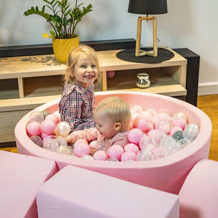 KiddyMoon Spielplatz aus Schaumstoff mit Bällebad und Bälle Hindernisläufen, Pink: Puderrosa/ Dunkelpink/ Babyblue/ Minze