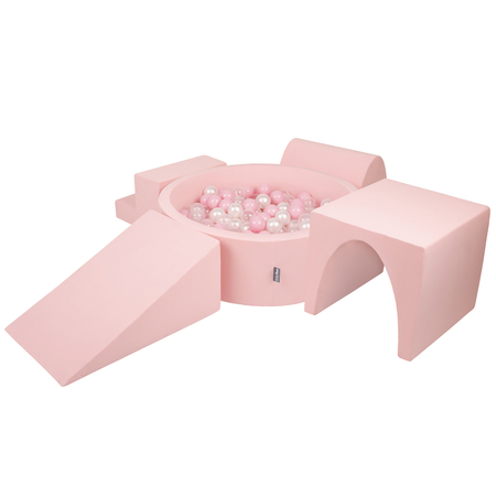 KiddyMoon Spielplatz aus Schaumstoff mit Bällebad und Bälle Hindernisläufen, Pink: Puderrosa/ Perle/ Transparent