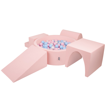 KiddyMoon Spielplatz aus Schaumstoff mit Bällebad und Bällen Hindernisläufen, Pink: Babyblue/ Puderrosa/ Perle
