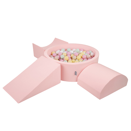 KiddyMoon Spielplatz aus Schaumstoff mit Bällebad und Bällen Hindernisläufen, Pink: Pastellbeige/ Pastellgelb/ Weiß/ Minze/ Puderrosa