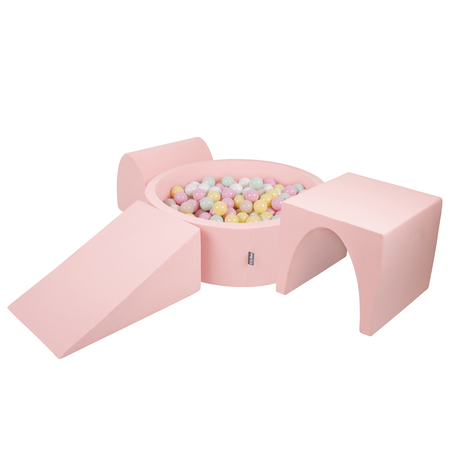 KiddyMoon Spielplatz aus Schaumstoff mit Bällebad und Bällen Hindernisläufen, Pink: Pastellbeige/ Pastellgelb/ Weiß/ Minze/ Puderrosa