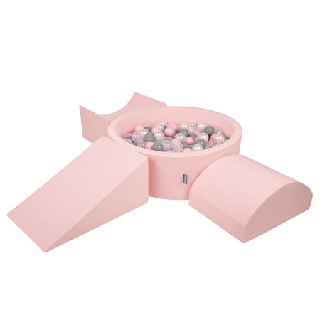 KiddyMoon Spielplatz aus Schaumstoff mit Bällebad und Bällen Hindernisläufen, Pink: Perle/ Grau/ Transparent/ Puderrosa