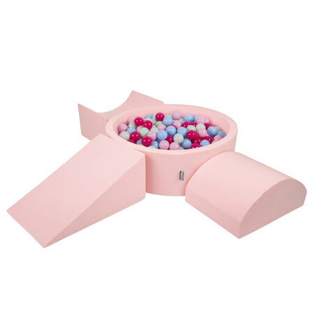 KiddyMoon Spielplatz aus Schaumstoff mit Bällebad und Bällen Hindernisläufen, Pink: Puderrosa/ Dunkelpink/ Babyblau/ Minze