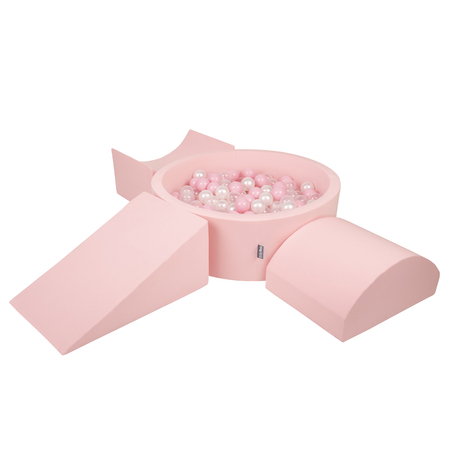 KiddyMoon Spielplatz aus Schaumstoff mit Bällebad und Bällen Hindernisläufen, Pink: Puderrosa/ Perle/ Transparent