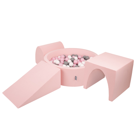 KiddyMoon Spielplatz aus Schaumstoff mit Bällebad und Bällen Hindernisläufen, Pink: Weiß/ Grau/ Puderrosa