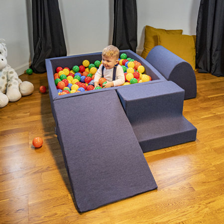 KiddyMoon Spielplatz aus Schaumstoff mit Quadrat Bällebad Bälle Hindernisläufen, Dunkelblau: Babyblue/ Blau/ Perle